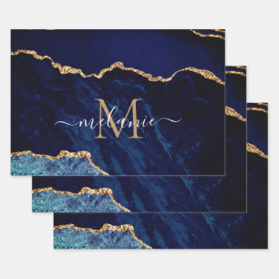 Feuille De Papier Cadeau Lettre de nom personnalisée Marine Marbre bleu or