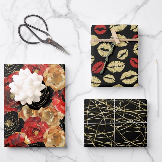 Feuille De Papier Cadeau Lèvres Florales Noir Or Fête de Mariage (Recto)