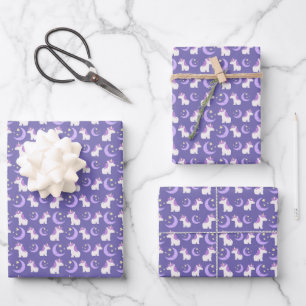 Feuille De Papier Cadeau Licorne et motif étoiles lune violet