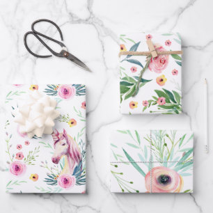 Feuille De Papier Cadeau Licorne Florale Élégante