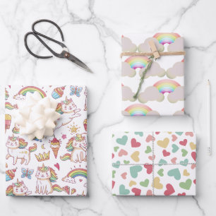 Feuille De Papier Cadeau Licornes Chatons 'n Douceurs, Cœurs, Arcs-en-ciel
