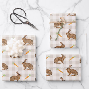 Feuille De Papier Cadeau Lièvres rustiques de printemps et motif beige aux