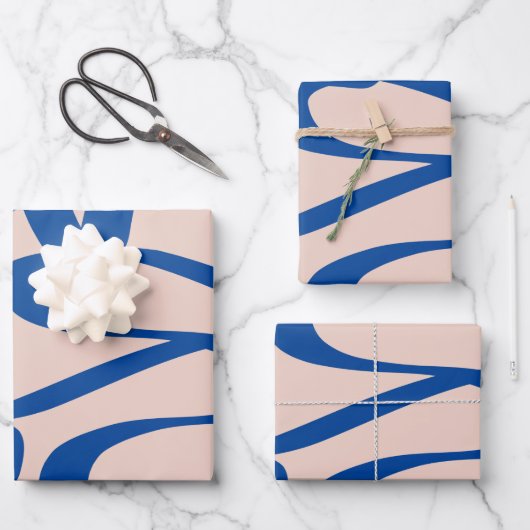 Feuille De Papier Cadeau Ligne Abstraite Bleu et Beige (Recto)