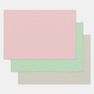 Feuille De Papier Cadeau Ligne Chevron rouge foncé, vert et blanc