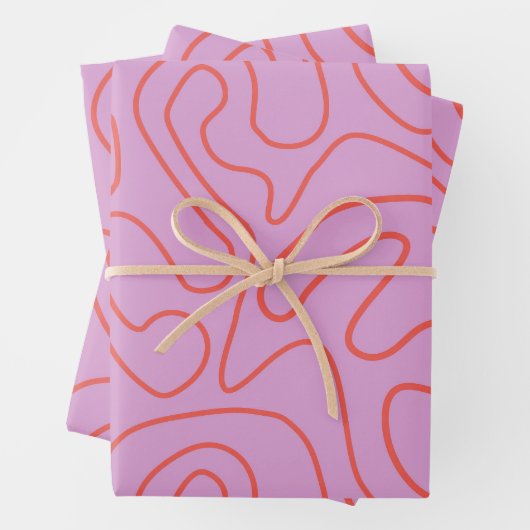 Feuille De Papier Cadeau Lignes Abstraites minimales rétro en orange et ros (En situation)