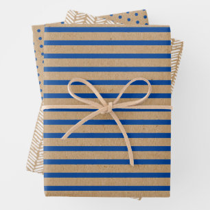 Feuille De Papier Cadeau Lignes Bleues Nautiques Marron Kraft Rustique Faux