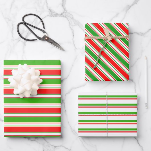 Feuille De Papier Cadeau Lignes de Noël de couleur verte, blanche, rouge (Recto)