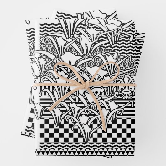 Feuille De Papier Cadeau Liliums en noir et blanc (En situation)