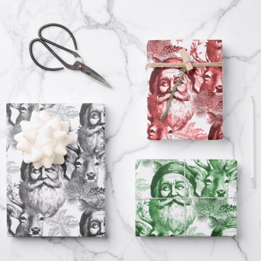 Feuille De Papier Cadeau Lithographie À L'Ancienne Père Noël Et Rennes (Recto)