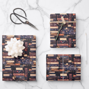 Feuille De Papier Cadeau Livres & Fleurs sur Fond Noir