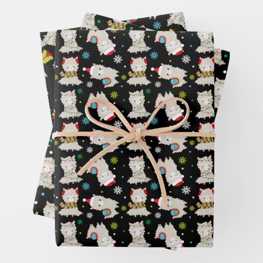 Feuille De Papier Cadeau Llamas Festive de Noël en noir (En situation)