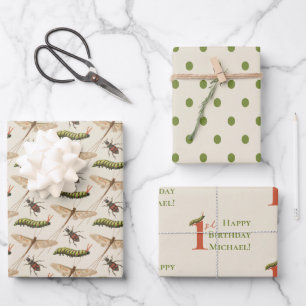 Feuille De Papier Cadeau Log Bug Insect Nom personnalisé 1er anniversaire