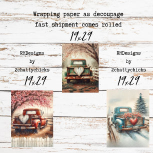 Feuille De Papier Cadeau Lot de 3 Camions Anciens et Cœurs pour Découpage