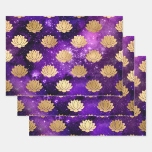 Feuille De Papier Cadeau Lotus d'or sur galaxie violette