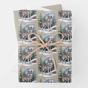 Feuille De Papier Cadeau Loup hivernal rétro aquarelle 90's nature sauvage