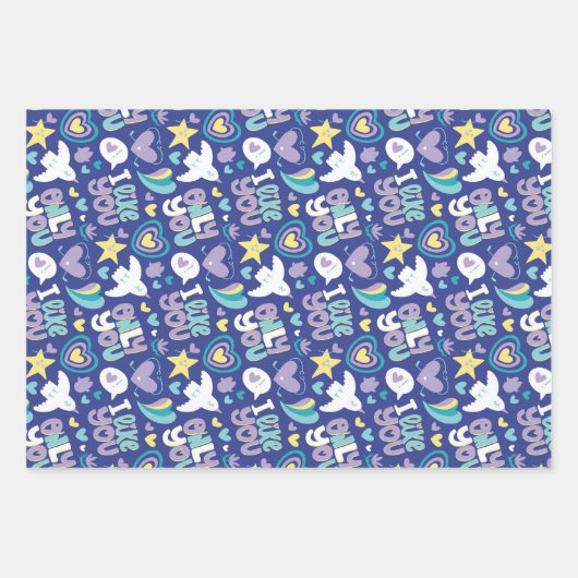 Feuille De Papier Cadeau Love and Heart Blue Doodle Motif Saint Valentin (Devant 2)