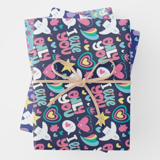Feuille De Papier Cadeau Love and Heart Blue Doodle Motif Saint Valentin (En situation)