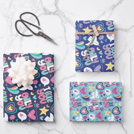 Feuille De Papier Cadeau Love and Heart Blue Doodle Motif Saint Valentin (Recto)