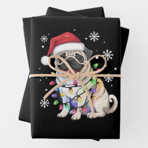 Feuille De Papier Cadeau Lumières de Noël Santa Pug Xmas Amateur de Chien 