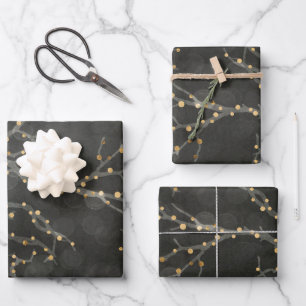 Feuille De Papier Cadeau Lumières dorées noires Bokeh Noël Vacances