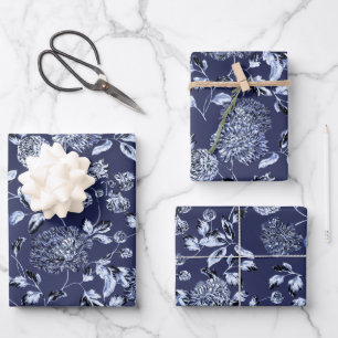 Feuille De Papier Cadeau Lune Bleu Dahlias Vin Floral Sur Bleu Marine