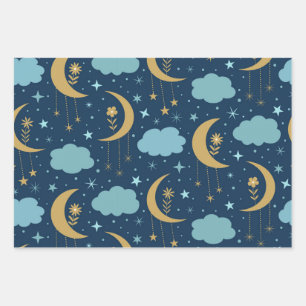 Feuille De Papier Cadeau Lune Bohème Dorée Avec Fleurs Et Nuages