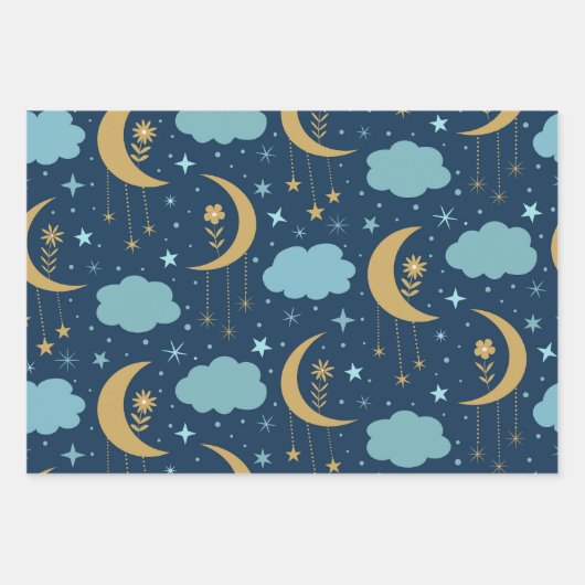 Feuille De Papier Cadeau Lune Boho Dorée Avec Fleurs Nuages (Devant)