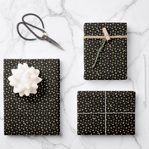 Feuille De Papier Cadeau Lune et étoiles célestes or noir