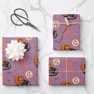 Feuille De Papier Cadeau Lunes Citrouilles rétro Éffrayant Kitten sur viole