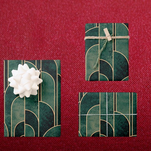 Feuille De Papier Cadeau Luxueux Motif Art déco Vert et Or