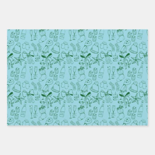 Feuille De Papier Cadeau Main moderne dessinée Bleu Vert Noël Célébration (Devant 3)