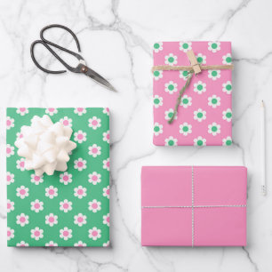 Feuille De Papier Cadeau Maisières rétros rose et vert