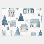Feuille De Papier Cadeau Maison de Noël bleue et arbres (Devant 3)