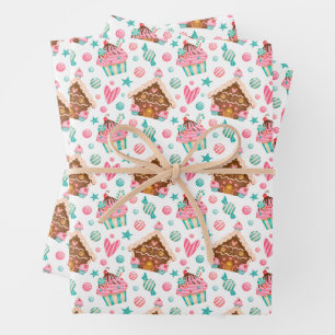 Feuille De Papier Cadeau Maison en pain d'épice de Noël, Cupcakes, Bonbons