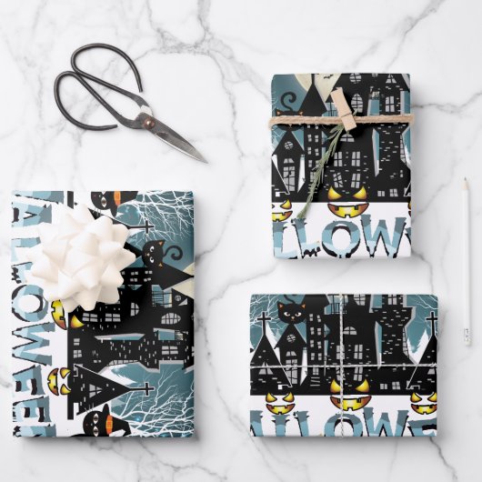 Feuille De Papier Cadeau Maison hantée, Soirée d'Halloween effrayante (Recto)