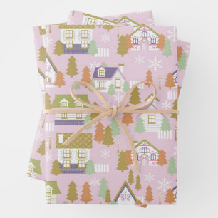 Feuille De Papier Cadeau Maisons de Noël rose