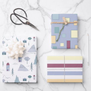 Feuille De Papier Cadeau Maisons Murs Arbres Montagnes Motif moderne