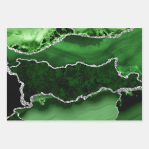 Feuille De Papier Cadeau Marbre Agate Vert et Faux Paillettes d'Argent