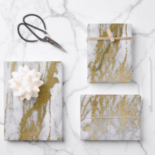 Feuille De Papier Cadeau Marbre aspect blanc et or