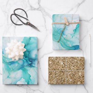 Feuille De Papier Cadeau Marbre d'encre or Mint Aqua