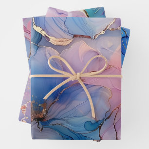 Feuille De Papier Cadeau Marbre floral or rose bleu