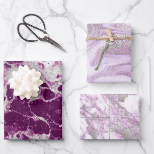 Feuille De Papier Cadeau Marbre Moderne Violet, Blanc et Argent
