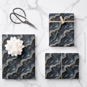 Feuille De Papier Cadeau Marbre noir, gris et or