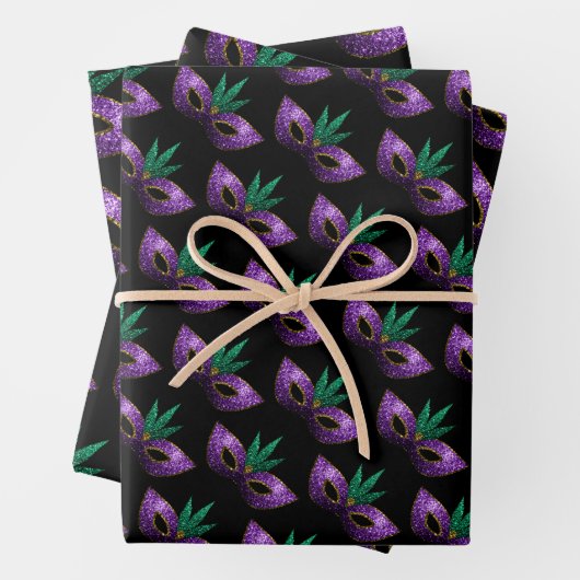 Feuille De Papier Cadeau Mardi Gras Masque violet vert or éclaboussures mot (En situation)