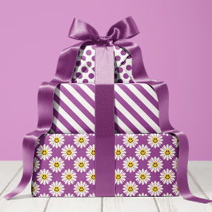 Feuille De Papier Cadeau Marguerite Violette Rayée et à pois 