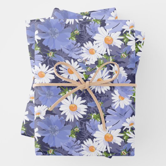 Feuille De Papier Cadeau Marguerites élégantes Pervenche Floral (En situation)