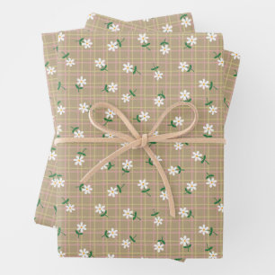 Feuille De Papier Cadeau Marguerites sur Carreaux Marrons (grande échelle)