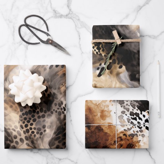 Feuille De Papier Cadeau Mariage Animalier Fête de Mariée Crème et Noir Léo (Recto)