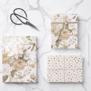 Feuille De Papier Cadeau Mariage Bohème Fleurie Blanc Crème