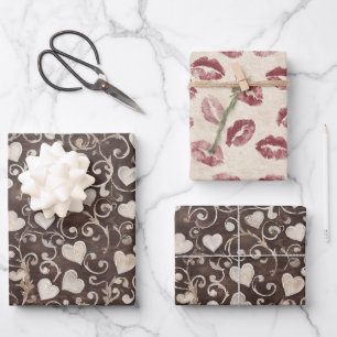 Feuille De Papier Cadeau Mariage Brown Cream Hearts Red Lips Kisses